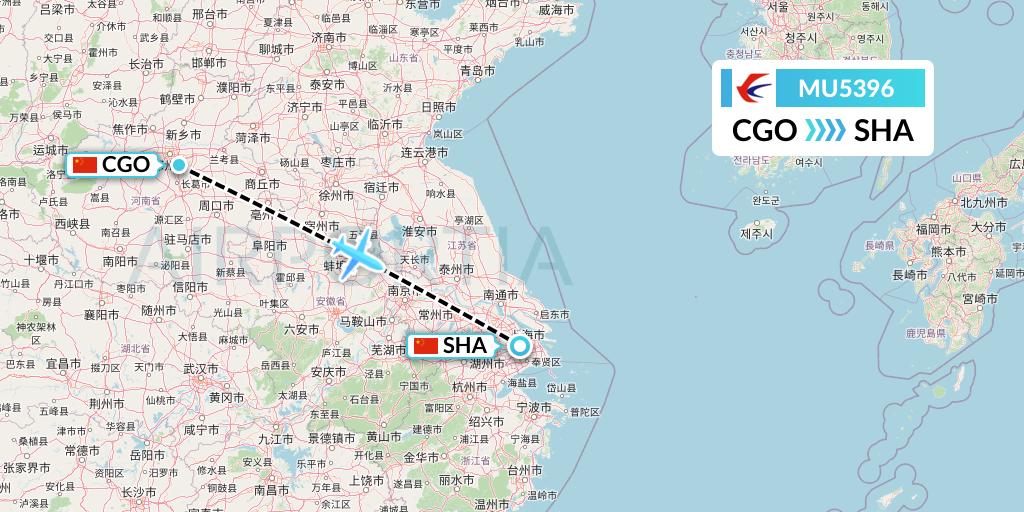MU5396 China Eastern Airlines Flight Map: Zhengzhou to Shanghai