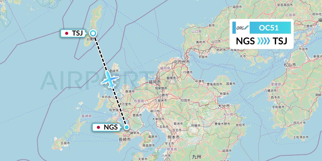 OC51 Oriental Air Bridge Flight Map: Nagasaki to Tsushima