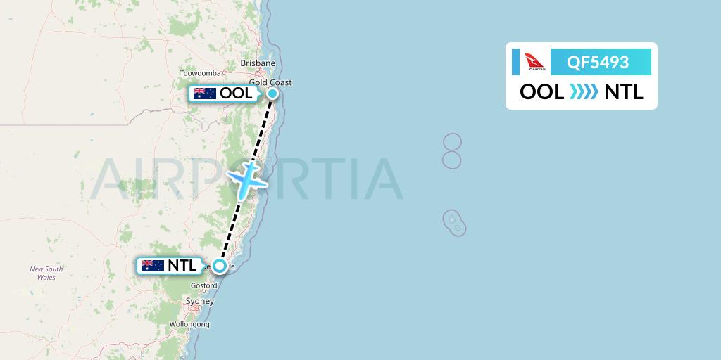 QF5493 Qantas Flight Map: Gold Coast to Newcastle