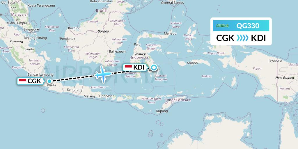 QG330 Citilink Flight Map: Jakarta to Kendari