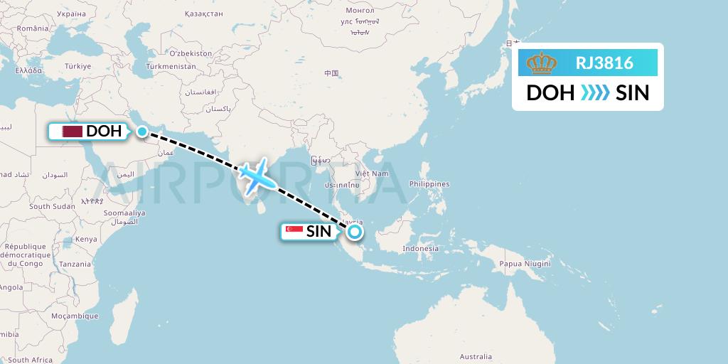 RJ3816 Royal Jordanian Flight Map: Doha to Singapore