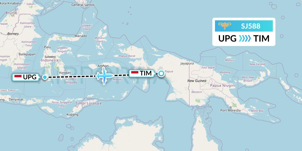 SJ588 Sriwijaya Air Flight Map: Makassar to Timika