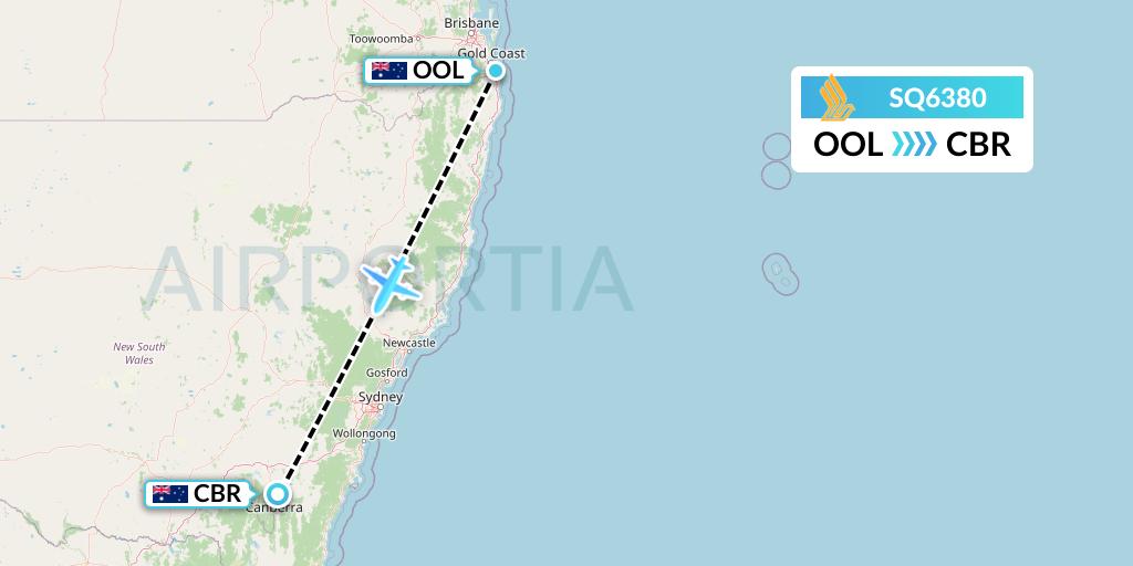 SQ6380 Singapore Airlines Flight Map: Gold Coast to Canberra