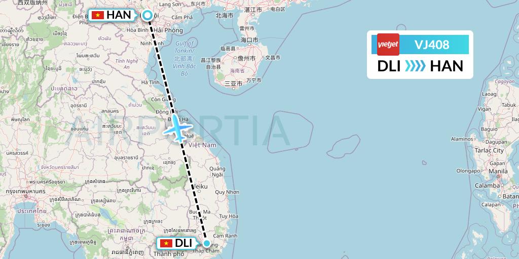 VJ408 VietJet Air Flight Map: Da Lat to Hanoi