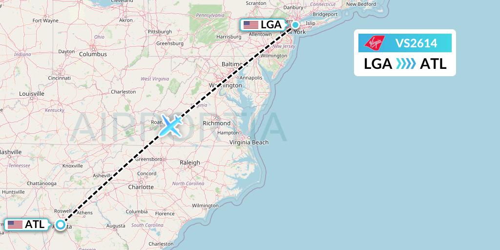 VS2614 Virgin Atlantic Airways Flight Map: New York to Atlanta