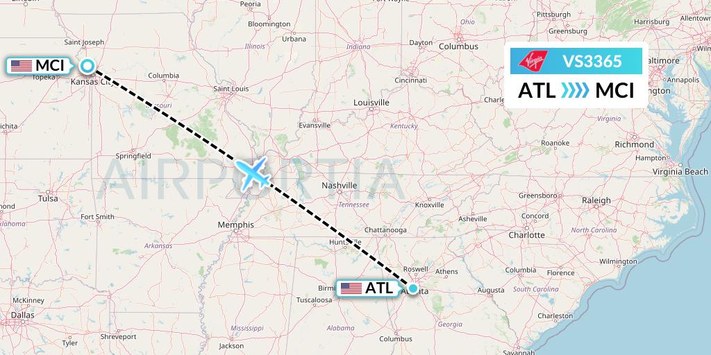 VS3365 Virgin Atlantic Airways Flight Map: Atlanta to Kansas City