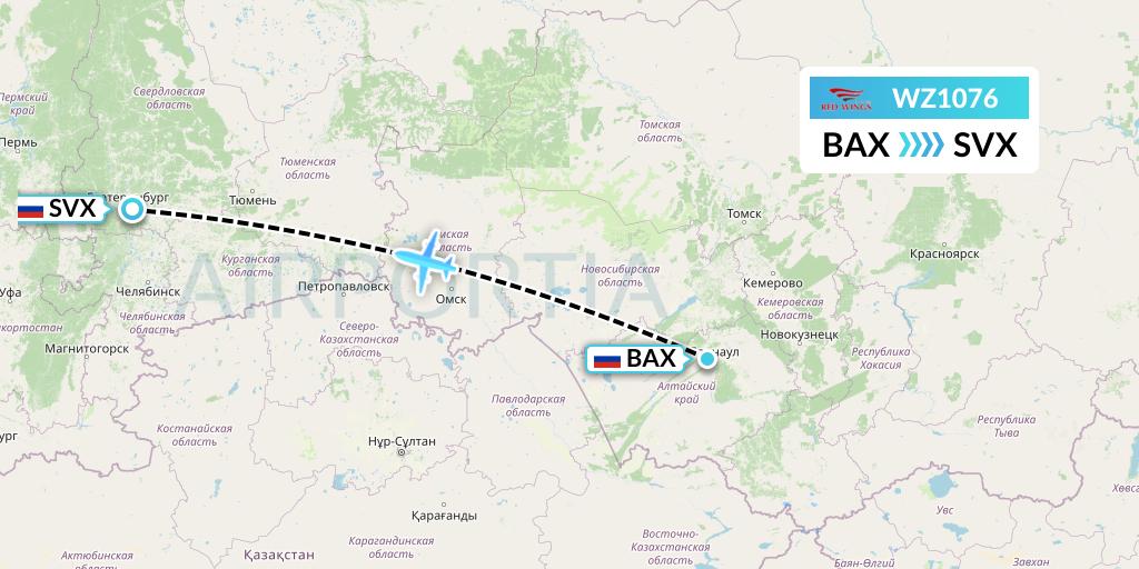 WZ1076 Red Wings Flight Map: Barnaul to Yekaterinburg