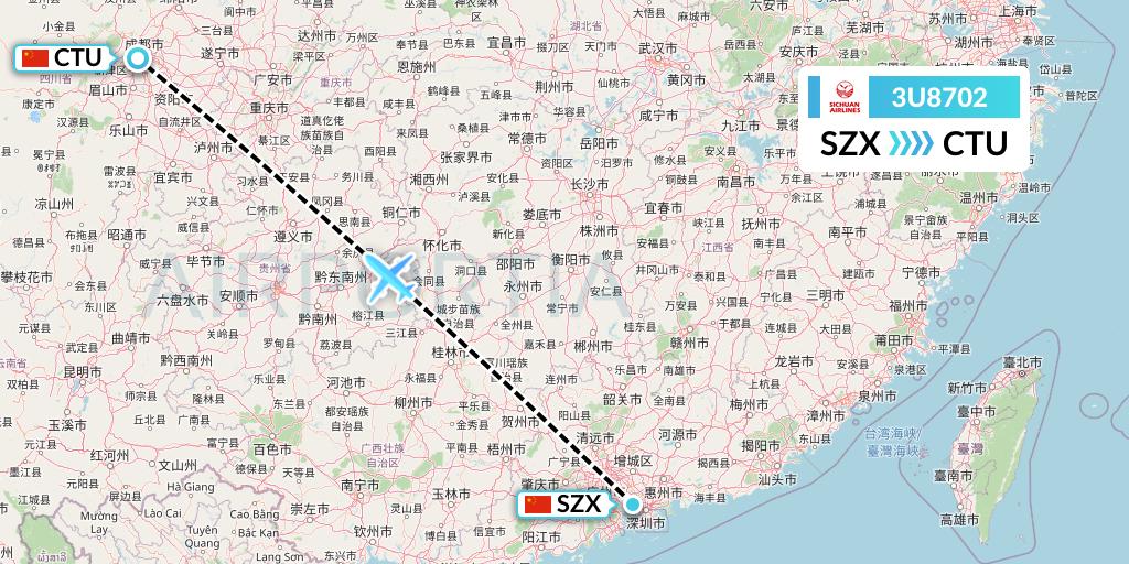 3U8702 Sichuan Airlines Flight Map: Shenzhen to Chengdu