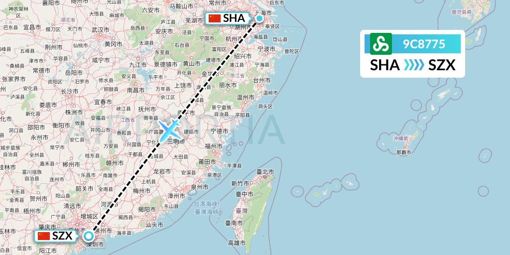 9C8775 Spring Airlines Flight Map: Shanghai to Shenzhen
