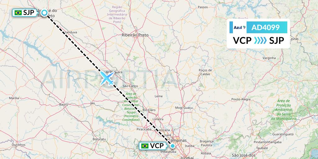AD4099 Azul Brazilian Airlines Flight Map: Campinas to Sao Jose Do Rio Preto