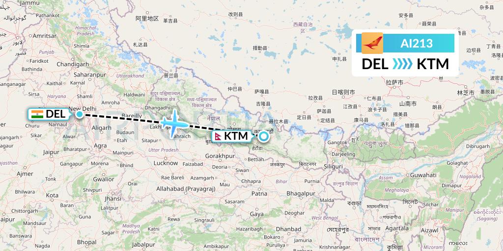 AI213 Air India Flight Map: Delhi to Kathmandu