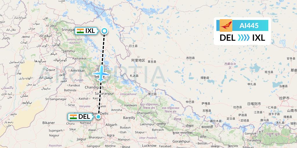AI445 Air India Flight Map: Delhi to Leh