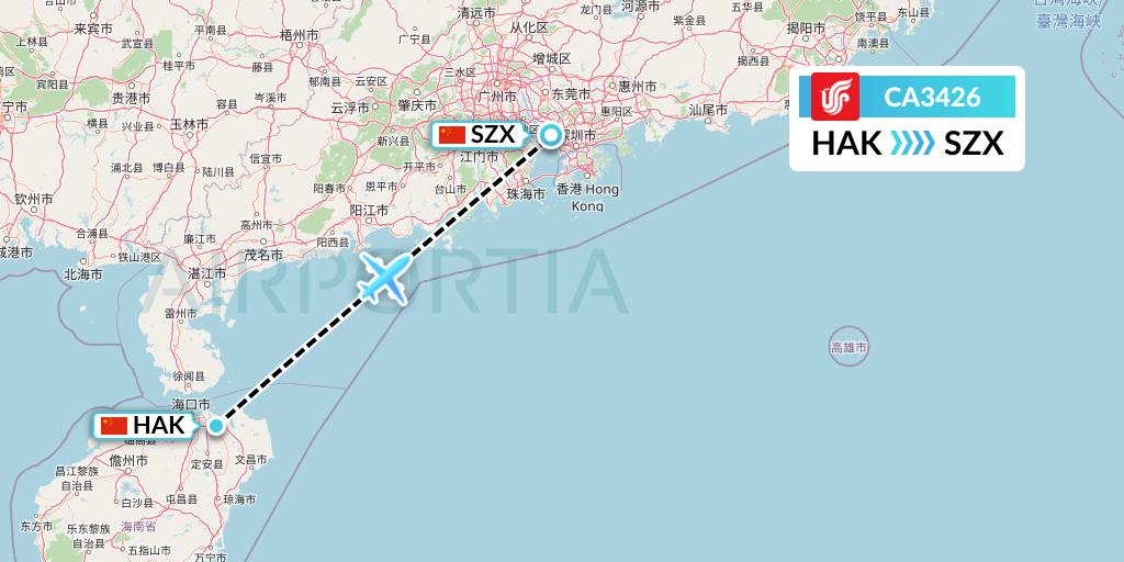 CA3426 Air China Flight Map: Haikou to Shenzhen