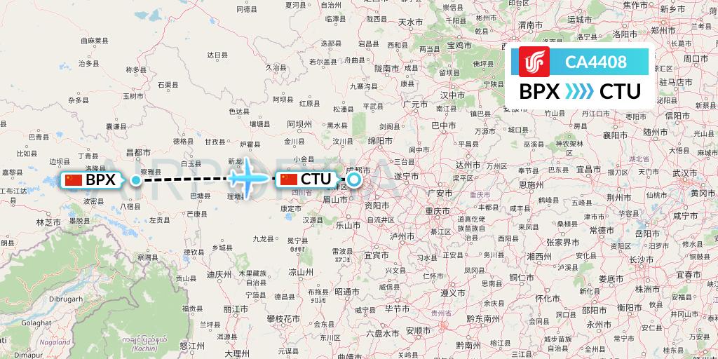 CA4408 Air China Flight Map: Bangda to Chengdu