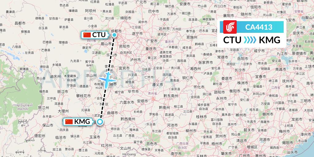 CA4413 Air China Flight Map: Chengdu to Kunming