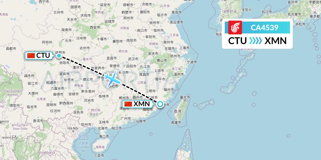 CA4539 Air China Flight Map: Chengdu to Xiamen