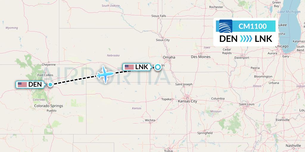CM1100 Copa Airlines Flight Map: Denver to Lincoln