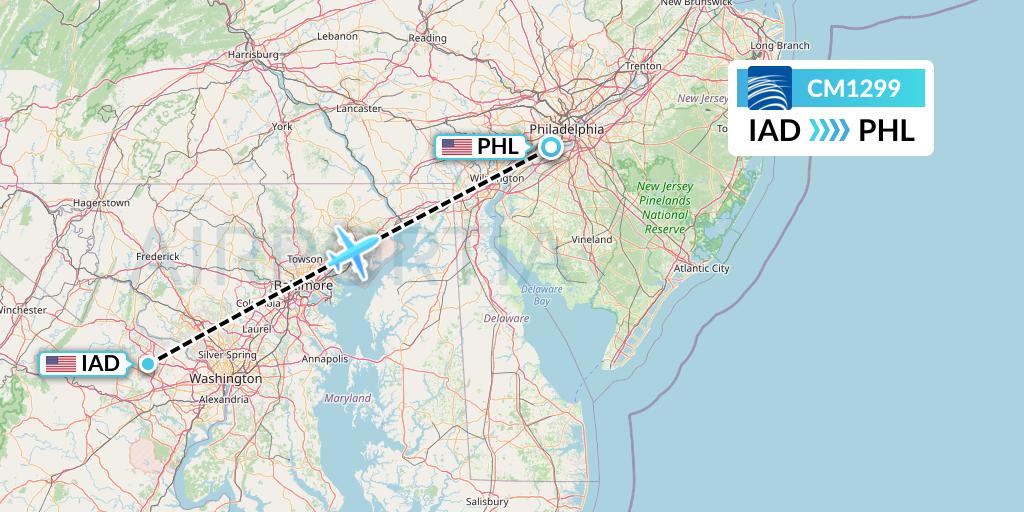 CM1299 Copa Airlines Flight Map: Washington to Philadelphia