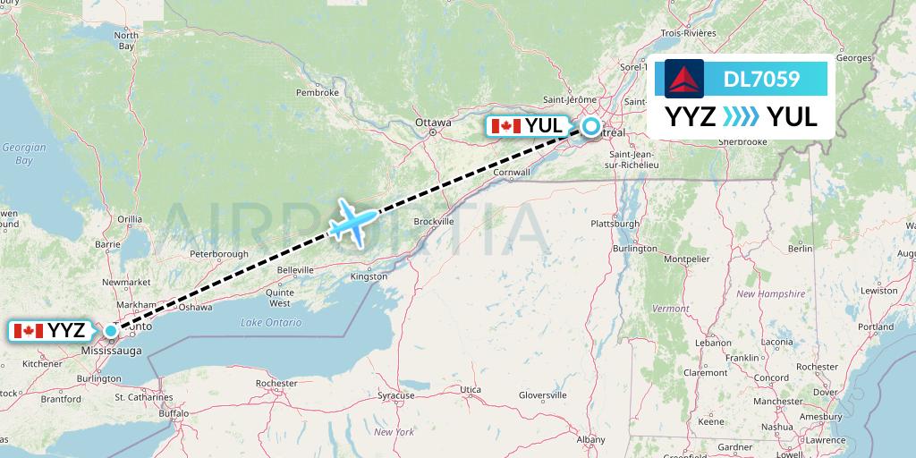 DL7059 Delta Air Lines Flight Map: Toronto to Montreal