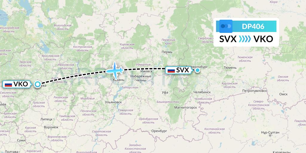 DP406 Pobeda Flight Map: Yekaterinburg to Moscow