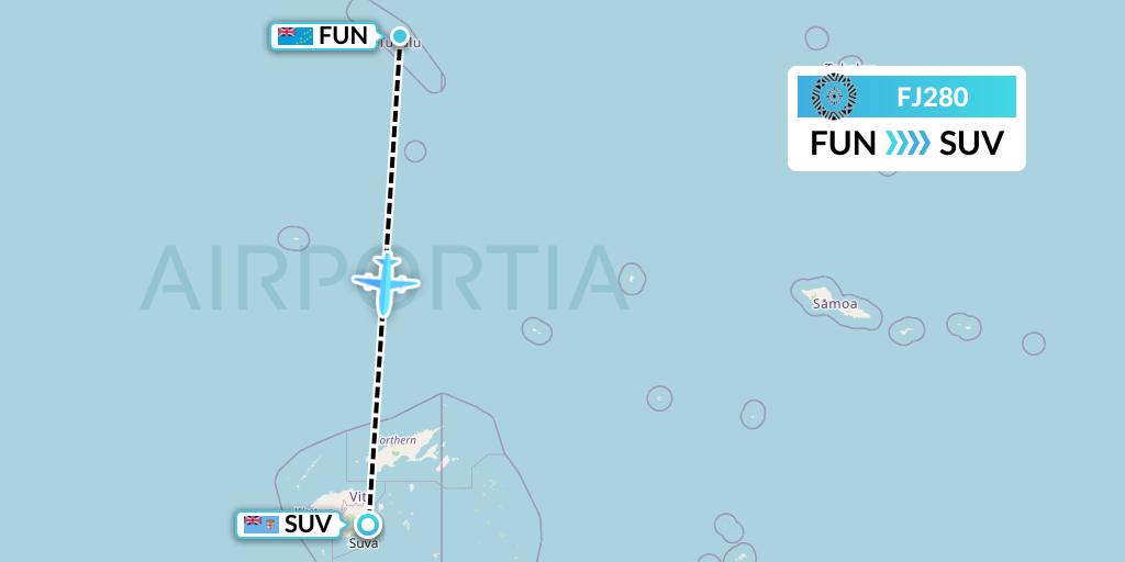 FJ280 Fiji Airways Flight Map: Funafuti to Suva