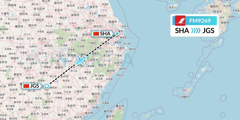 FM9269 Shanghai Airlines Flight Map: Shanghai to Ji'an