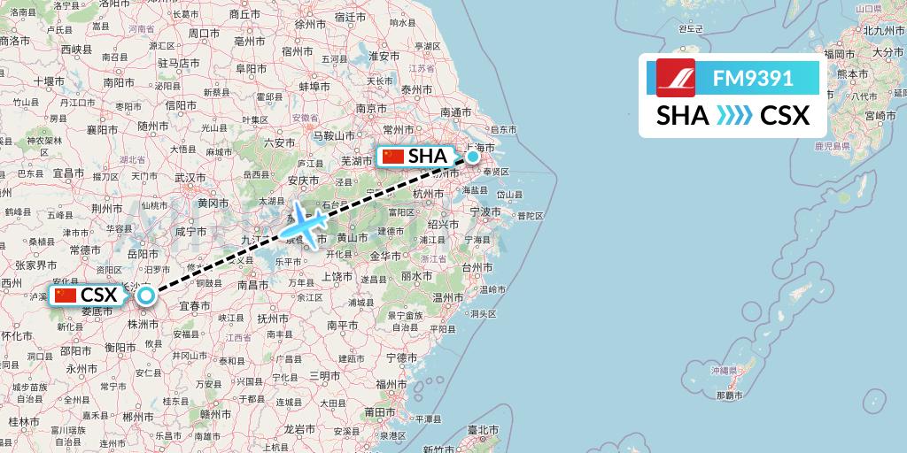 FM9391 Shanghai Airlines Flight Map: Shanghai to Changsha