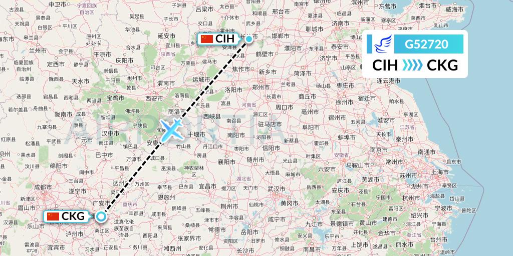 G52720 China Express Airlines Flight Map: Changzhi to Chongqing