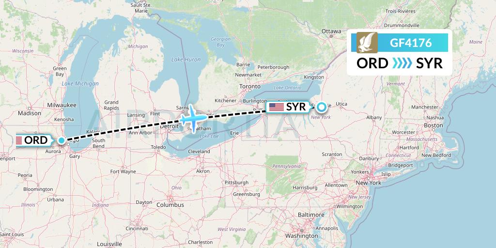 GF4176 Gulf Air Flight Map: Chicago to Syracuse
