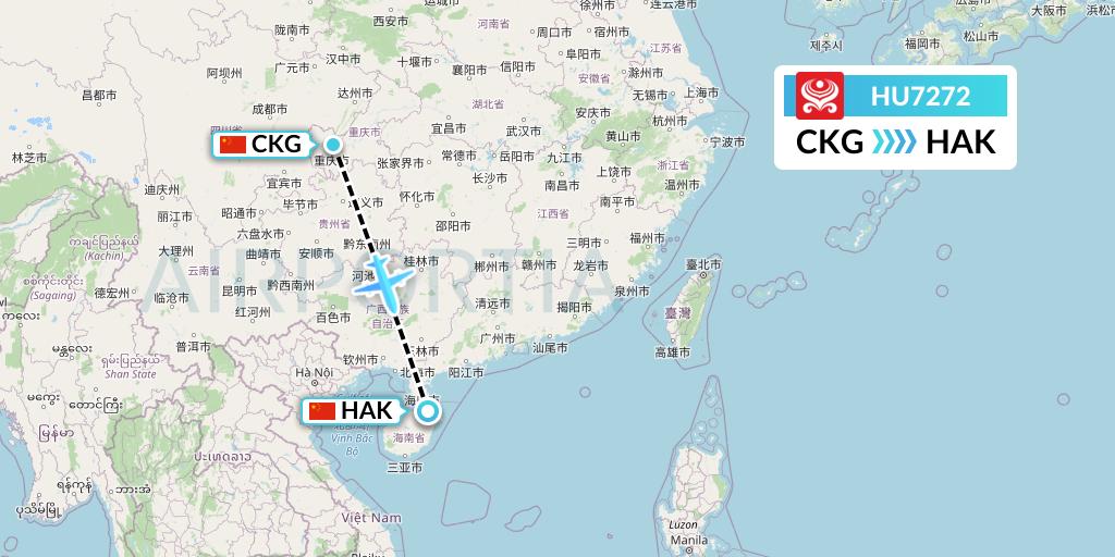 HU7272 Hainan Airlines Flight Map: Chongqing to Haikou