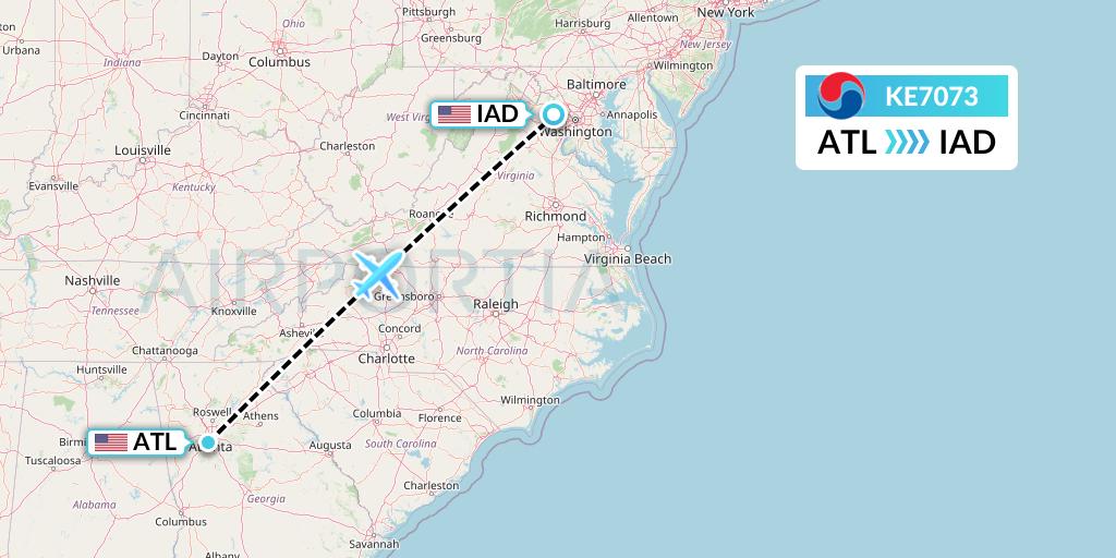 KE7073 Korean Air Flight Map: Atlanta to Washington