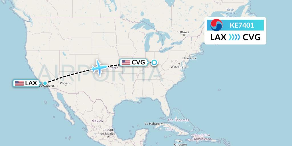 KE7401 Korean Air Flight Map: Los Angeles to Cincinnati