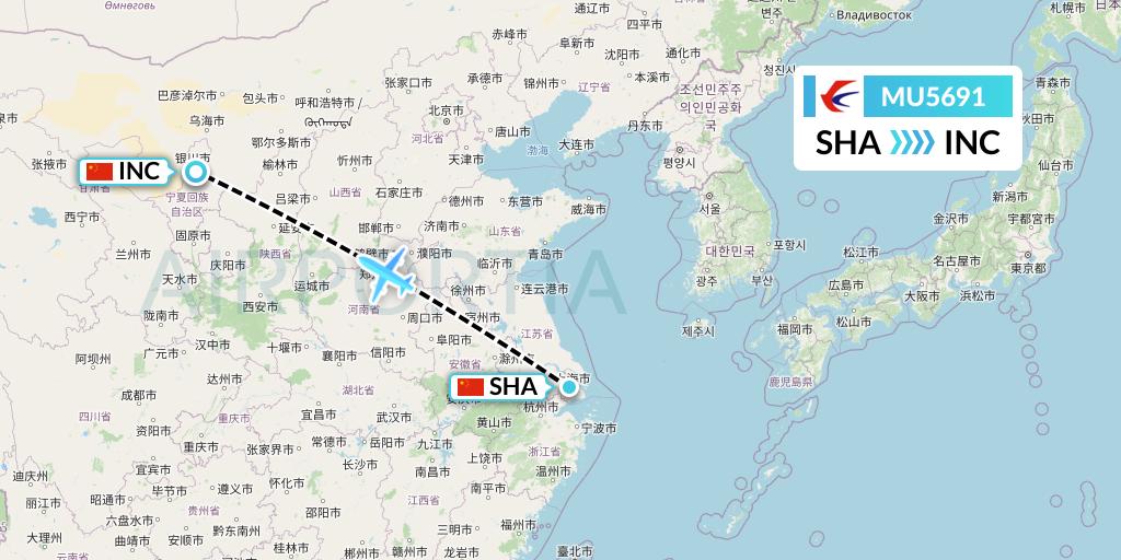 MU5691 China Eastern Airlines Flight Map: Shanghai to Yinchuan
