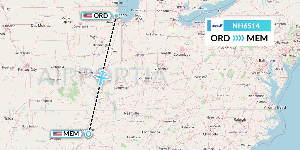 NH6514 All Nippon Airways Flight Map: Chicago to Memphis