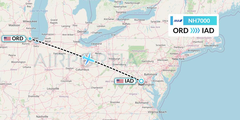 NH7000 All Nippon Airways Flight Map: Chicago to Washington