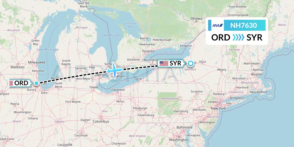 NH7630 All Nippon Airways Flight Map: Chicago to Syracuse