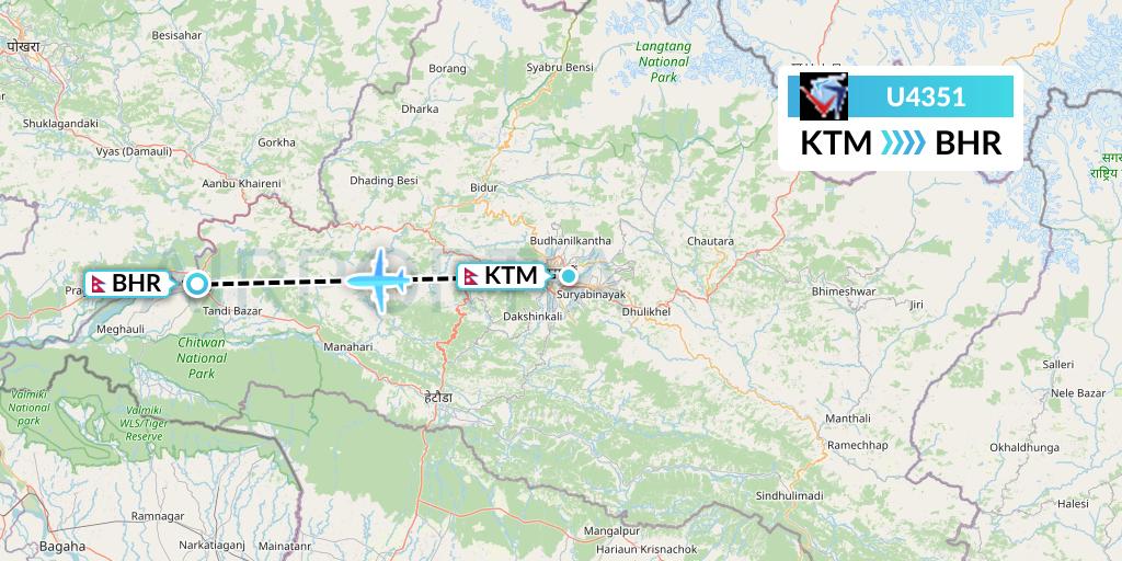 U4351 Buddha Air Flight Map: Kathmandu to Bharatpur