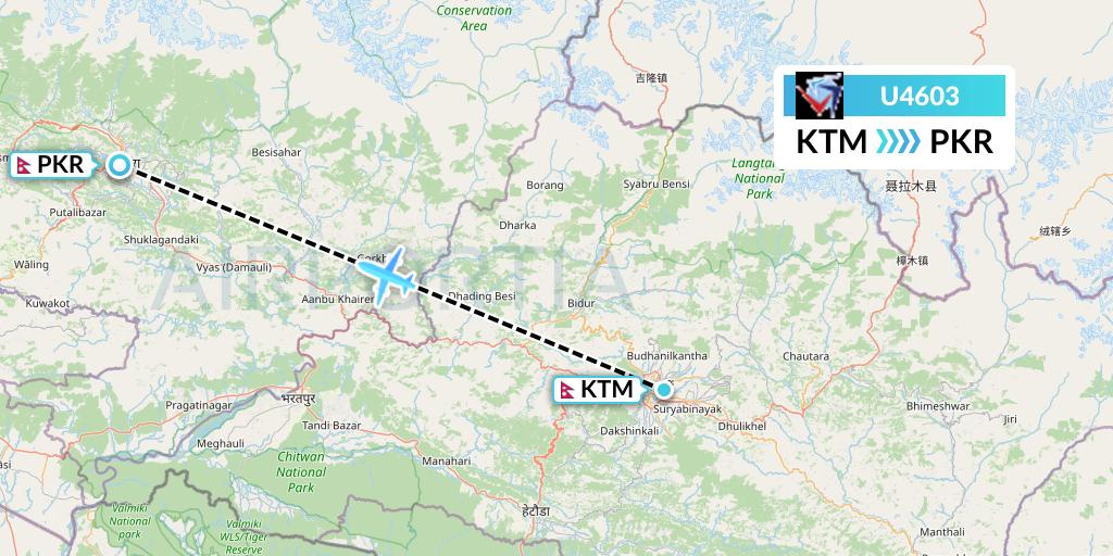 U4603 Buddha Air Flight Map: Kathmandu to Pokhara