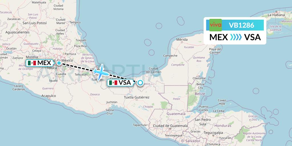 VB1286 VivaAerobus Flight Map: Mexico City to Villahermosa
