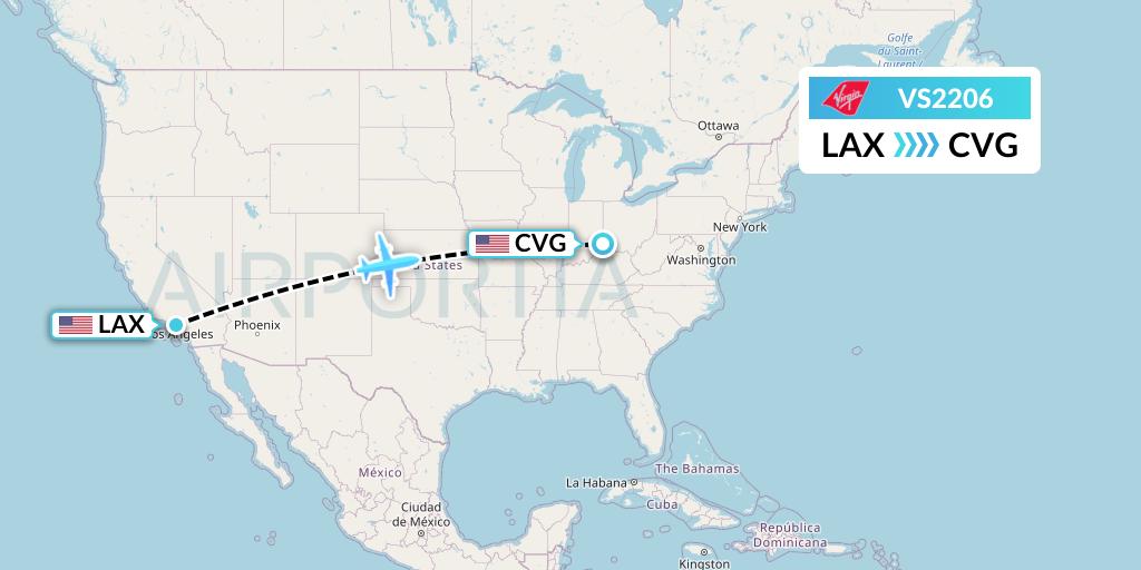 VS2206 Virgin Atlantic Airways Flight Map: Los Angeles to Cincinnati