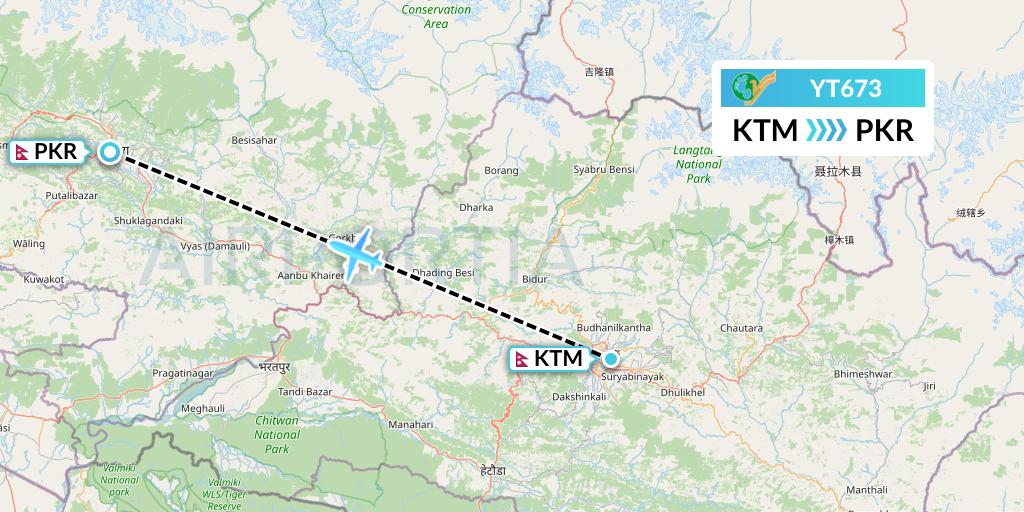 YT673 Yeti Airlines Flight Map: Kathmandu to Pokhara