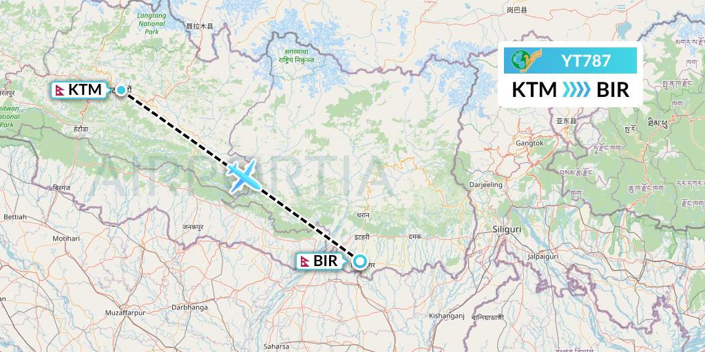 YT787 Yeti Airlines Flight Map: Kathmandu to Biratnagar