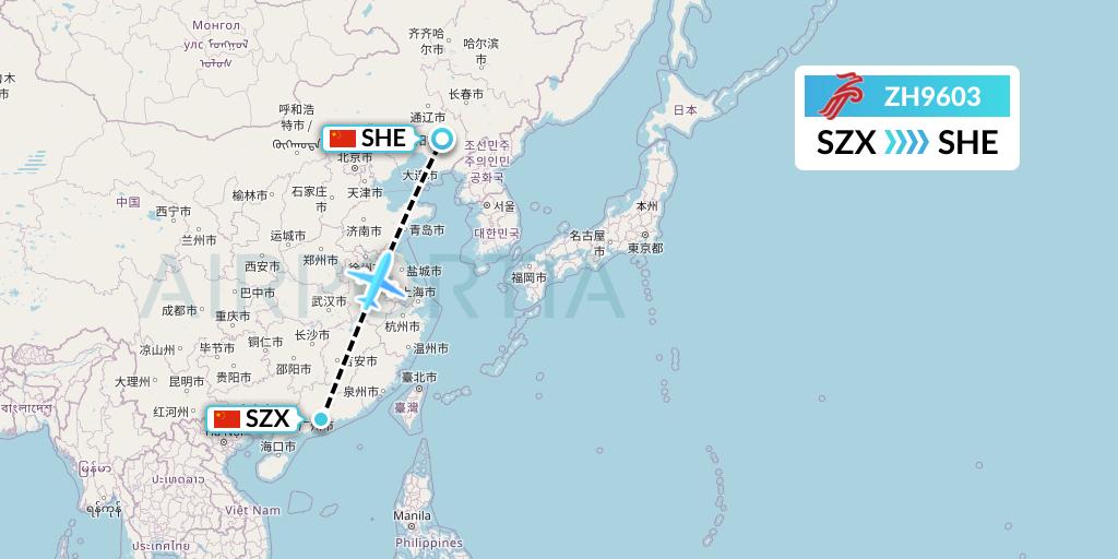 ZH9603 Shenzhen Airlines Flight Map: Shenzhen to Shenyang