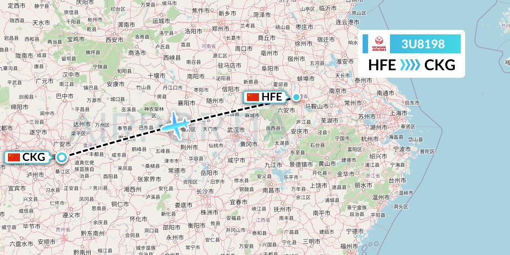 3U8198 Sichuan Airlines Flight Map: Hefei to Chongqing