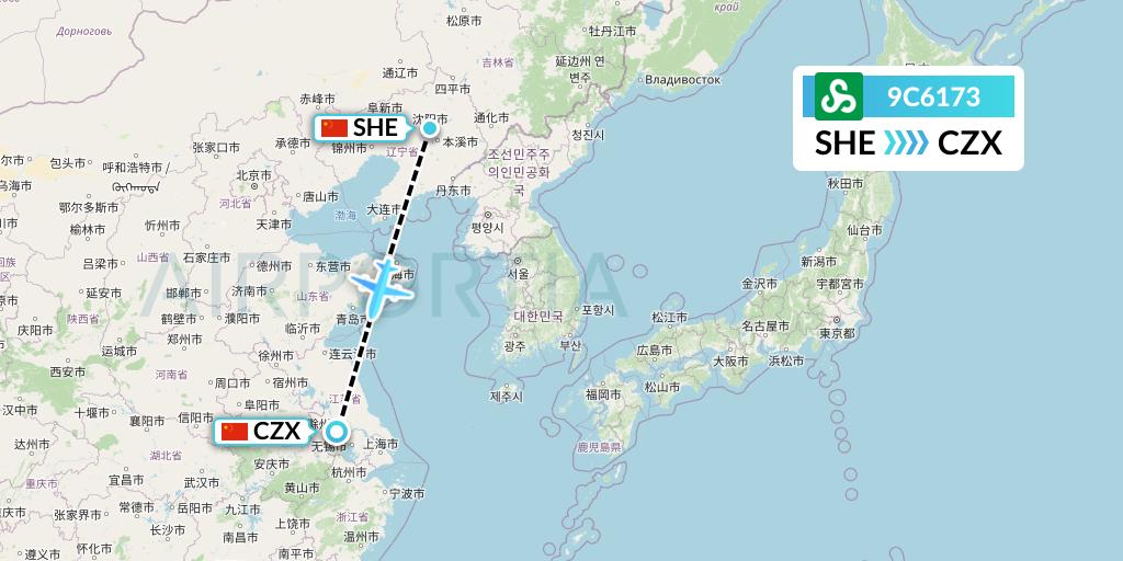 9C6173 Spring Airlines Flight Map: Shenyang to Changzhou