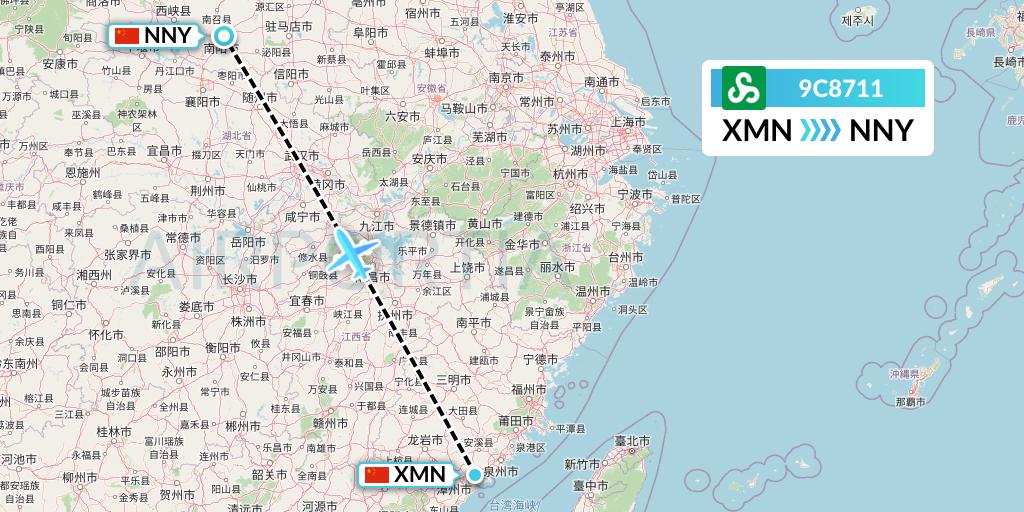 9C8711 Spring Airlines Flight Map: Xiamen to Nanyang