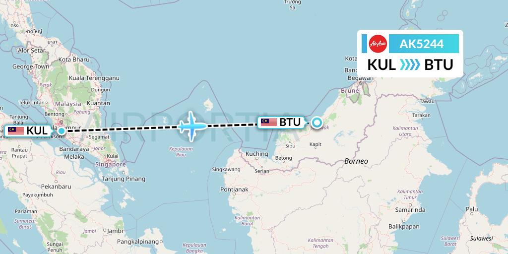 AK5244 AirAsia Flight Map: Kuala Lumpur to Bintulu
