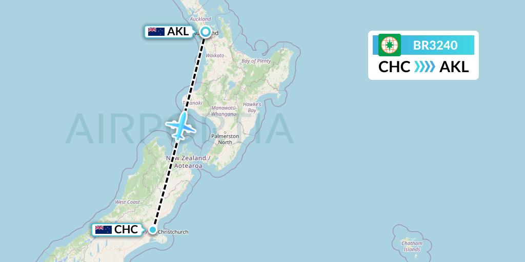 BR3240 EVA Air Flight Map: Christchurch to Auckland