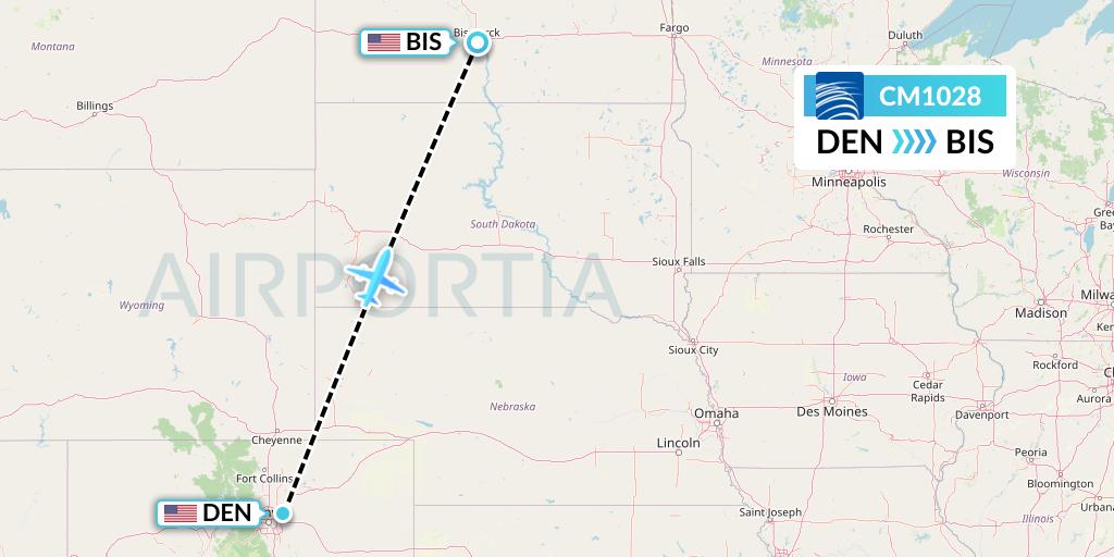 CM1028 Copa Airlines Flight Map: Denver to Bismarck