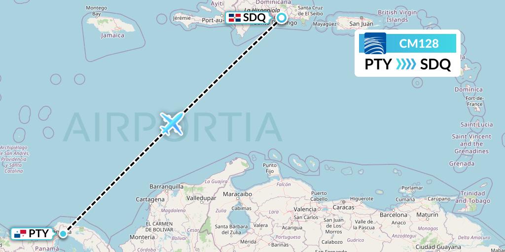 CM128 Copa Airlines Flight Map: Panama City to Santo Domingo